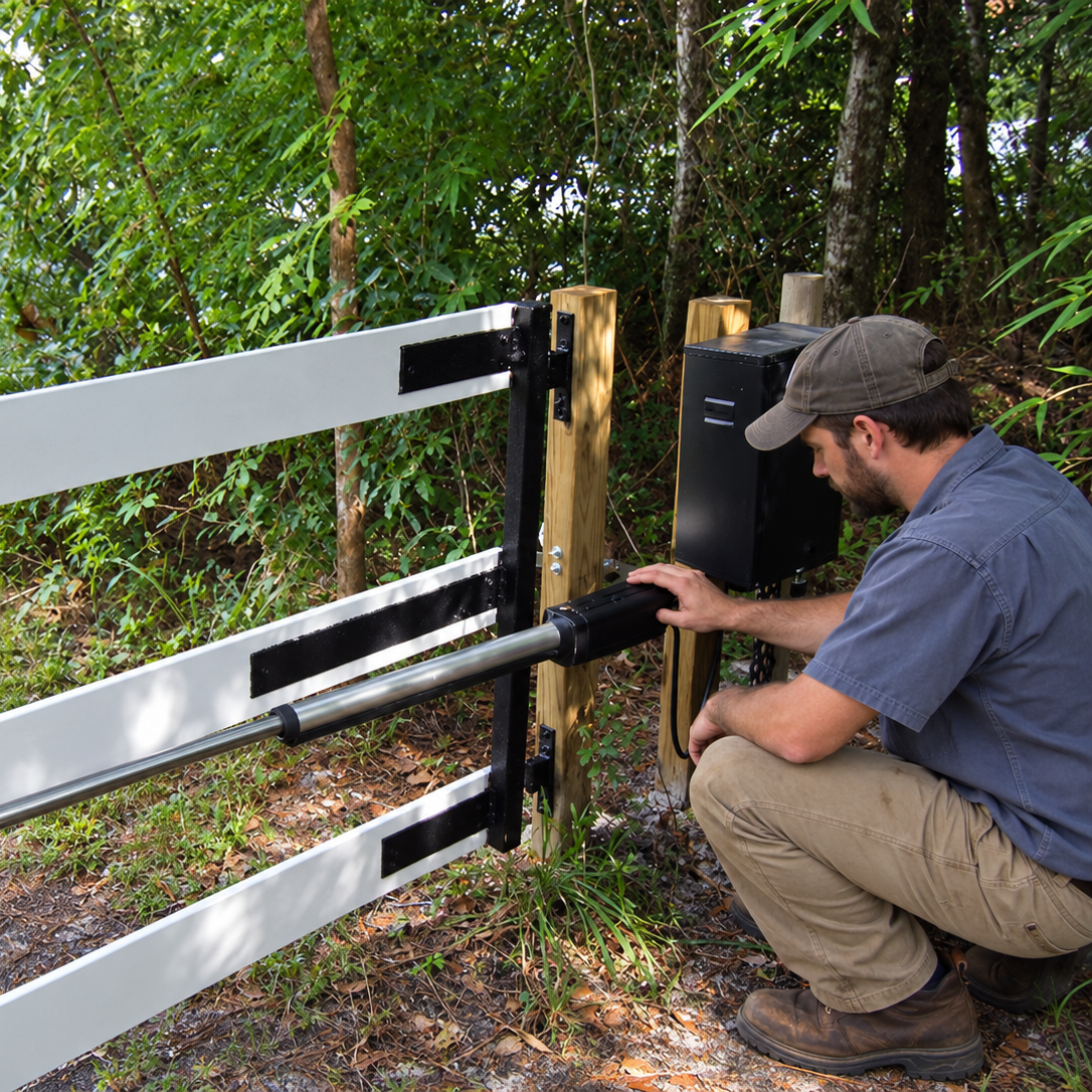 Installer working on a driveway gate opener